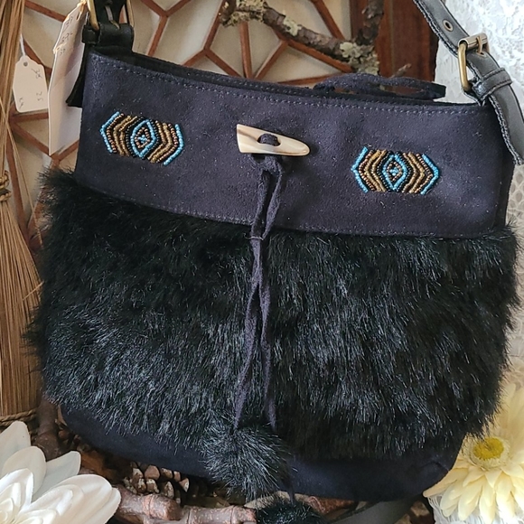 NWOT BO HO BEADED BLACK SUEDE FAUX FUR HANDBAG - Picture 3 of 16